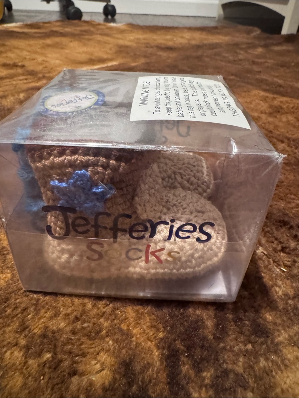Jefferies Socks Crochet Baby Booties in Tan with Blue Accent